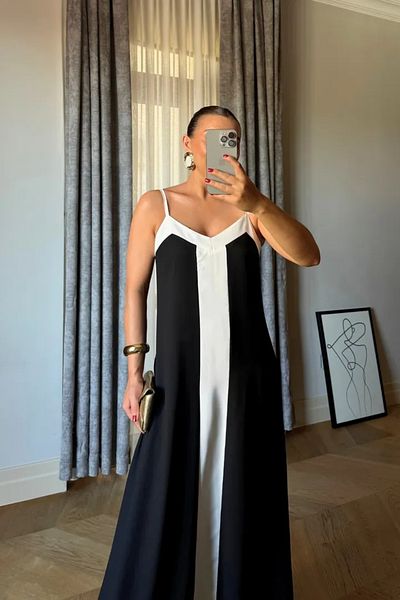 Tuba Butik Contrast Detailed Long Dress with Straps