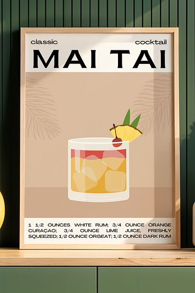 HİGUERA Mai Tai Minimalist Cocktail BAR Tablou de perete de bucătărie cu cadru din lemn natural