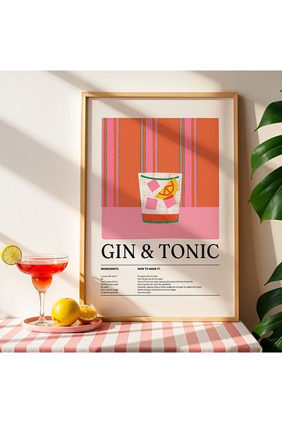 HİGUERA Gin Tonic BAR Tablou de perete pentru bucătărie cu cadru din lemn natural