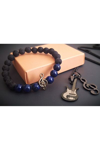 voyageaccessory Music Enthusiasts Triple Combination Music Theme Natural Stone Bracelet Guitar Necklace