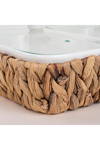LA MESA Porcelain 3Pcs Rectangular Casseroles With Lid And Rattan Basket