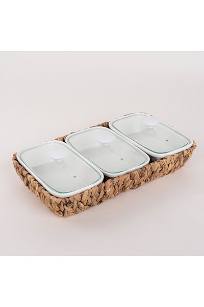 LA MESA Porcelain 3Pcs Rectangular Casseroles With Lid And Rattan Basket