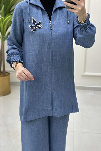 Esse Önü Fermuarlı Kolu Büzgülü Giyçık ve Pantolon Kadın İkili Takım Mavi ESS 2140