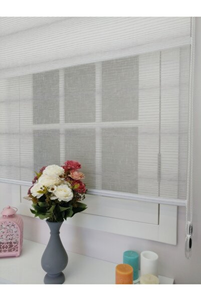 atölyeperde Atölye Perde Çiftli Sistem Violet Gri Çizgili Tül ve Stor