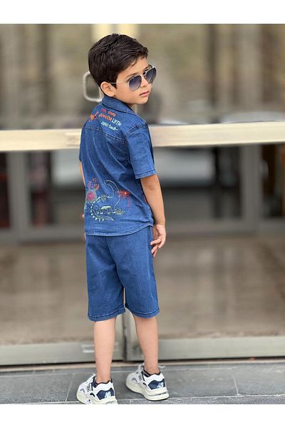 BERFONZO KIDS Boy's Jeans Dinosaur Embroidery Detail Summer Double Suit (Shorts Shirt)