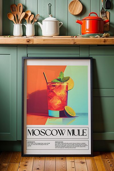 HİGUERA Moscow Mule Ilustrație colorată BAR Tablou de perete de bucătărie cu rame din lemn natural