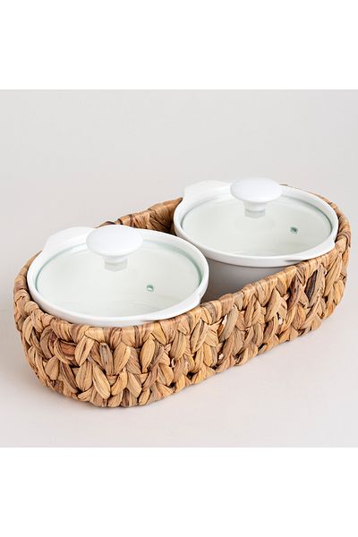 LA MESA Porcelain 2Pcs Round Casseroles With Lid And Rattan Basket - 0.6 L+ 0.6 L