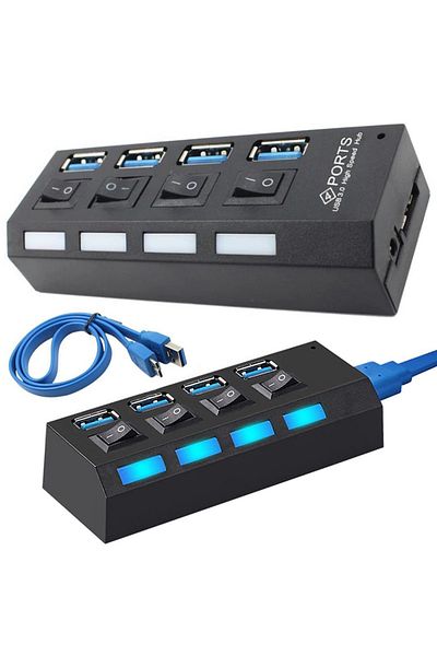 divendi-ro USB Hub with 4 High Speed USB 3.0 Port, On/Off Button, with included power cable, black