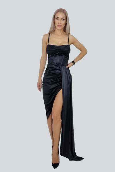 FashionForYou Rochie satinata Valentina, asimetrica, cu fronseuri si bretele ...