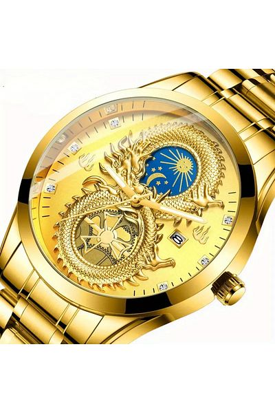 Cyber New Dragon Phoenix men's luxury business watch moon and star Glow in the dark calendar gold plated