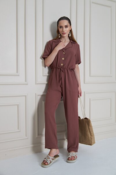 NEW LAVİVA Women's Jacket Collar Elastic Waist Jumpsuit - 700-2622