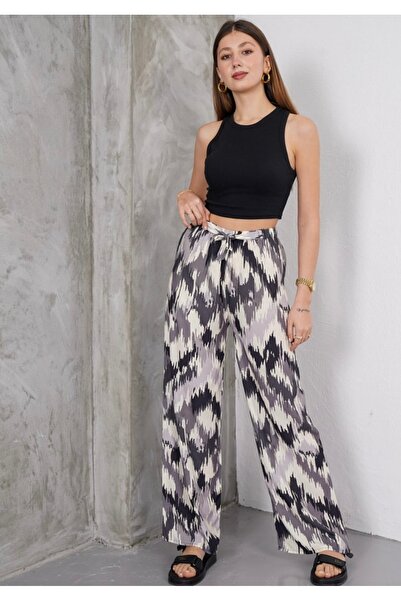 SheLoria بنطلون نسائي من الفسكوز باللون الأسود والرمادي مع تفاصيل ربط وخصر مط...