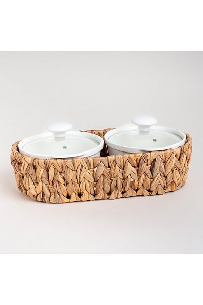LA MESA Porcelain 2Pcs Round Casseroles With Lid And Rattan Basket - 0.6 L+ 0.6 L