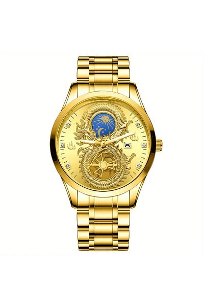 Cyber New Dragon Phoenix men's luxury business watch moon and star Glow in the dark calendar gold plated