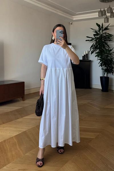 Tuba Butik Crew Neck Contrast Detailed Long Dress