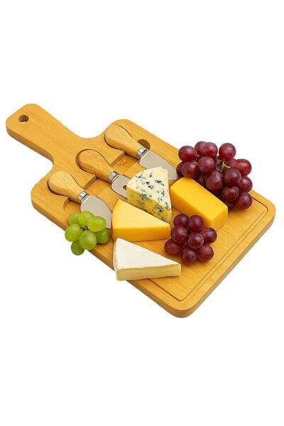 intoku Bamboo Wooden Cheese Presentation Set - 4 Piece Cheese Cutting Board Cheese Presentation Plate with 3 Knives