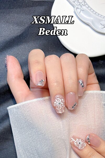 Easy Beauty XSMALL Beden Kısa Takma Tırnak Çiçek Charm 10 Adet Takma Tırnak S...
