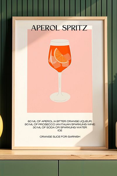 HİGUERA Aperol Spritz Minimalist Cocktail BAR Tablou de perete de bucătărie cu cadru din lemn natural