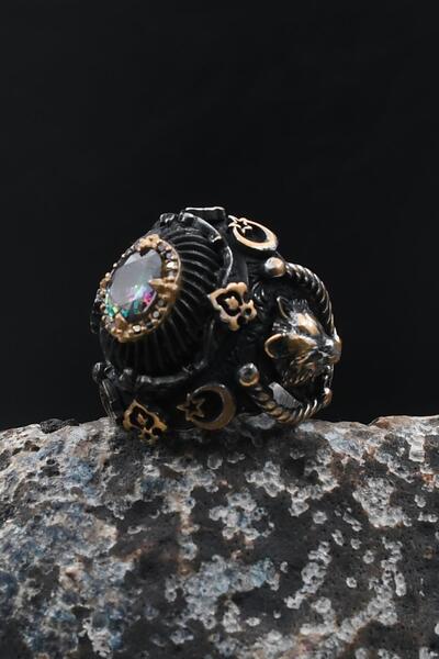 Prestige Özel Tasarım 925 Ayar Gümüş Erkek Yüzük Kurt Figürlü Mistik Topaz ve...