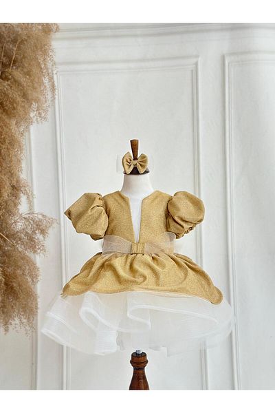 Hobidik Gold Glitter Fabric Puffy Birthday Dress