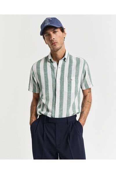 Gant Regular Fit Striped Cotton Linen Short Sleeve Shirt
