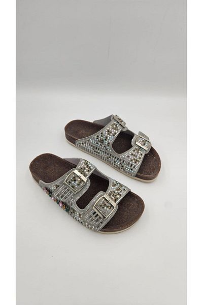 kalyoncu moda Mia Silver Colored Shiny Stone Women's Slippers