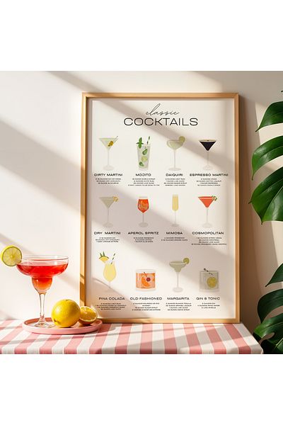 HİGUERA Lista de cocktailuri colorate Minimalist BAR Tablou de perete de bucătărie cu cadru din lemn natural
