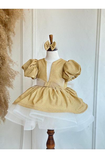 Hobidik Gold Glitter Fabric Puffy Birthday Dress