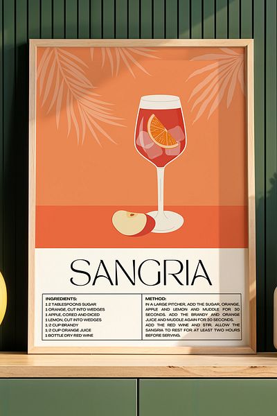 HİGUERA Sangria Cocktail Modern BAR Tablou de perete pentru bucătărie cu cadru din lemn natural