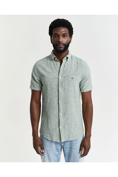 Gant Regular Fit Striped Cotton Linen Short Sleeve Shirt