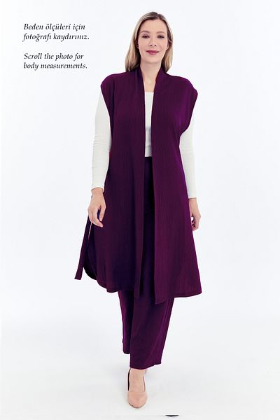 Laden Plus Size Women's Summer Oversized Hijab Pants Belted Brooch Pocket Long Vest Double Purple Suit