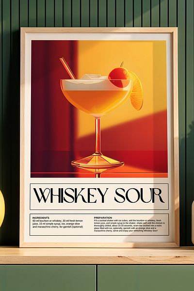 HİGUERA Whiskey Sour Cocktail BAR Tablou de perete de bucătărie cu cadru din lemn natural