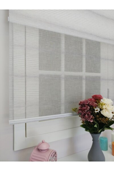 atölyeperde Atölye Perde Çiftli Sistem Violet Gri Çizgili Tül ve Stor