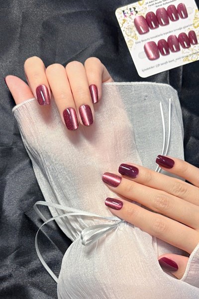 Easy Beauty Kedi Gözü Kısa Tırnak 24 Adet Bordo Takma Tırnak Seti W1497