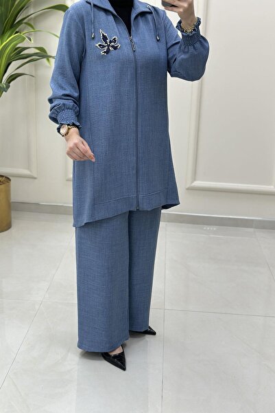 Esse Önü Fermuarlı Kolu Büzgülü Giyçık ve Pantolon Kadın İkili Takım Mavi ESS 2140