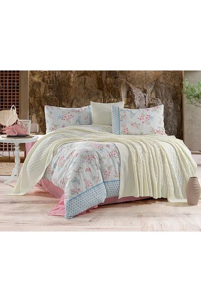 DOUX HOME طقم غطاء لحاف مزدوج 57 سلك من Yeliz مع بطانية تريكو مقاس 200 × 220 سم منقوشة