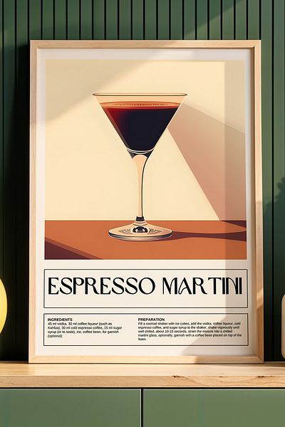 HİGUERA Esppresso Martini Ilustrație BAR Tablou de perete de bucătărie cu cadru din lemn natural
