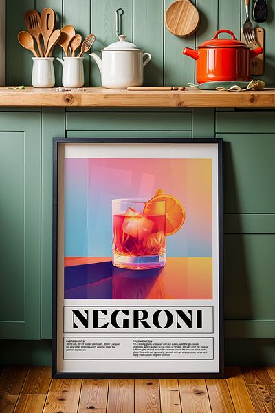 HİGUERA Negroni Colorful Illustration BAR Tablou de perete de bucătărie cu rame din lemn natural