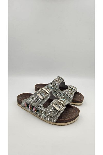 kalyoncu moda Mia Silver Colored Shiny Stone Women's Slippers