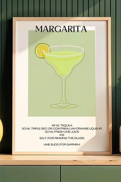 HİGUERA Margarita Cocktail BAR cu fundal verde Tablou de perete de bucătărie cu cadru din lemn natural