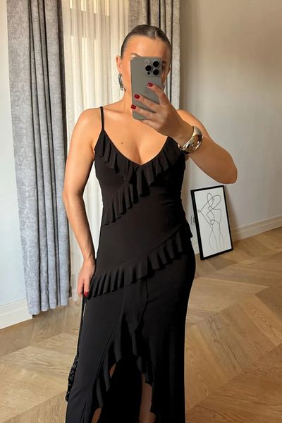 Tuba Butik Long Dress with Strap Ruffle Detail