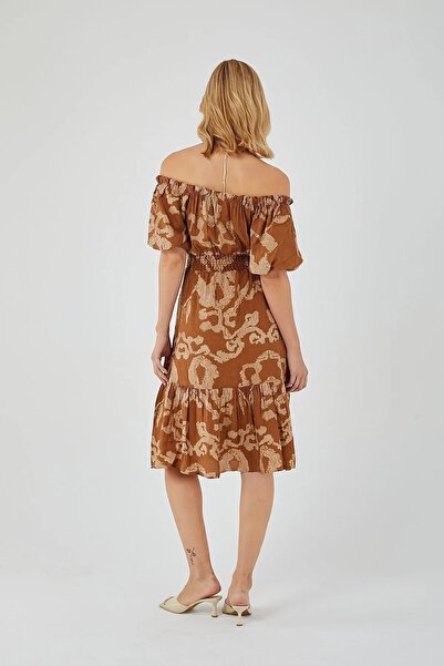 Mixray 4313 Γυναικείο φόρεμα με μπαλόνι με σχέδιο καφέ