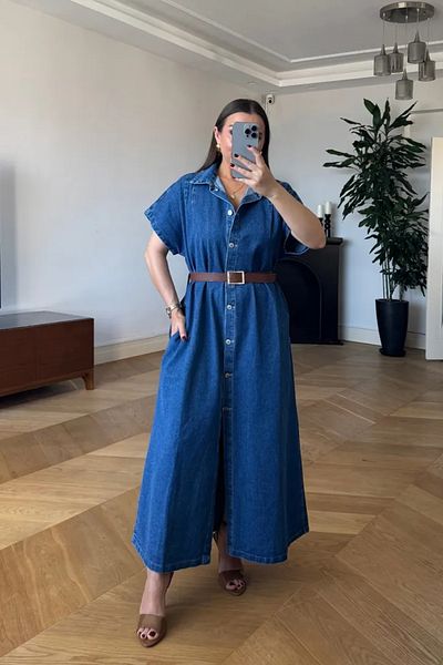 Tuba Butik Short Sleeve Belted Long Shirt Dress