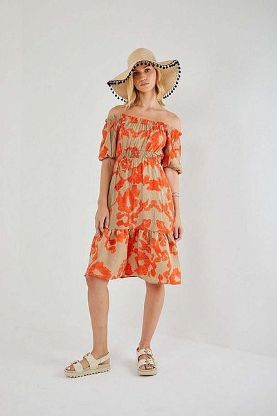 Mixray 4313 Rochie de damă cu mâneci balon cu model portocaliu