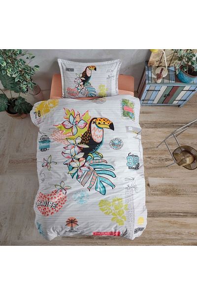 Pucioasa Single bed linen with toucan and tropical flowers, 100% cotton ranforce, Pucioasa, Paradise