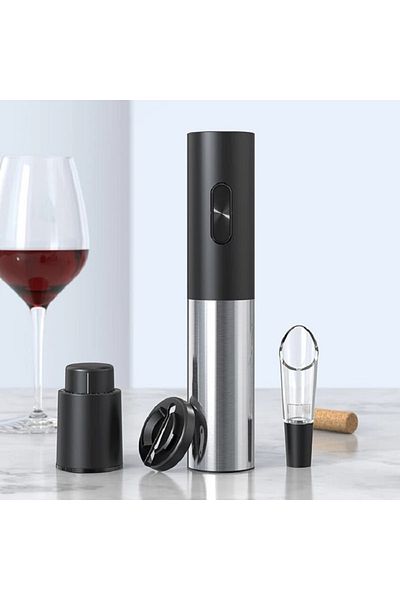 divendi-ro Set with electric corkscrew, cutter, aerator and wine bottle opener, elegant design, black-silver