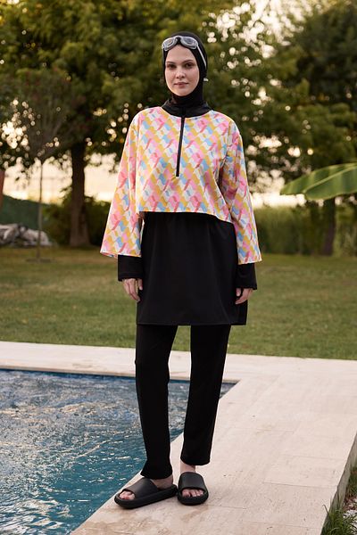 Bipantolon Γυναικείο Σετ μαγιό Hijab Soft Wave Printed Full Closed 3 τεμαχίων