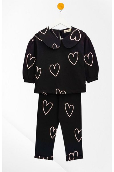 Pajama Shop Girl's 100% Cotton Fabric Heart Patterned Black Long Sleeve Baby Collar Winter Pajama Set