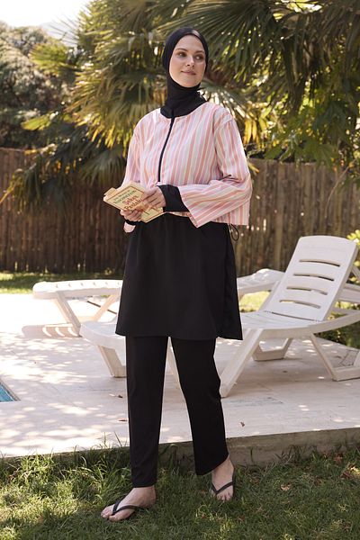 Bipantolon Γυναικείο Σετ μαγιό Hijab Παστέλ Ροζ Κάθετη Πλήρως Καλυμμένο 3 τεμαχίων