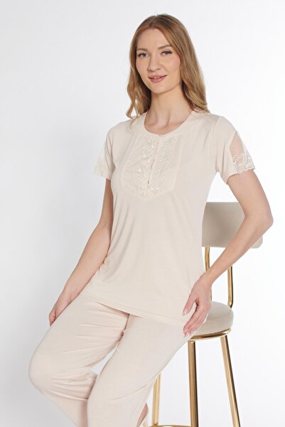 FLZ Short Sleeve Classic Zakkum Pajama Set with Lace Details 88-114